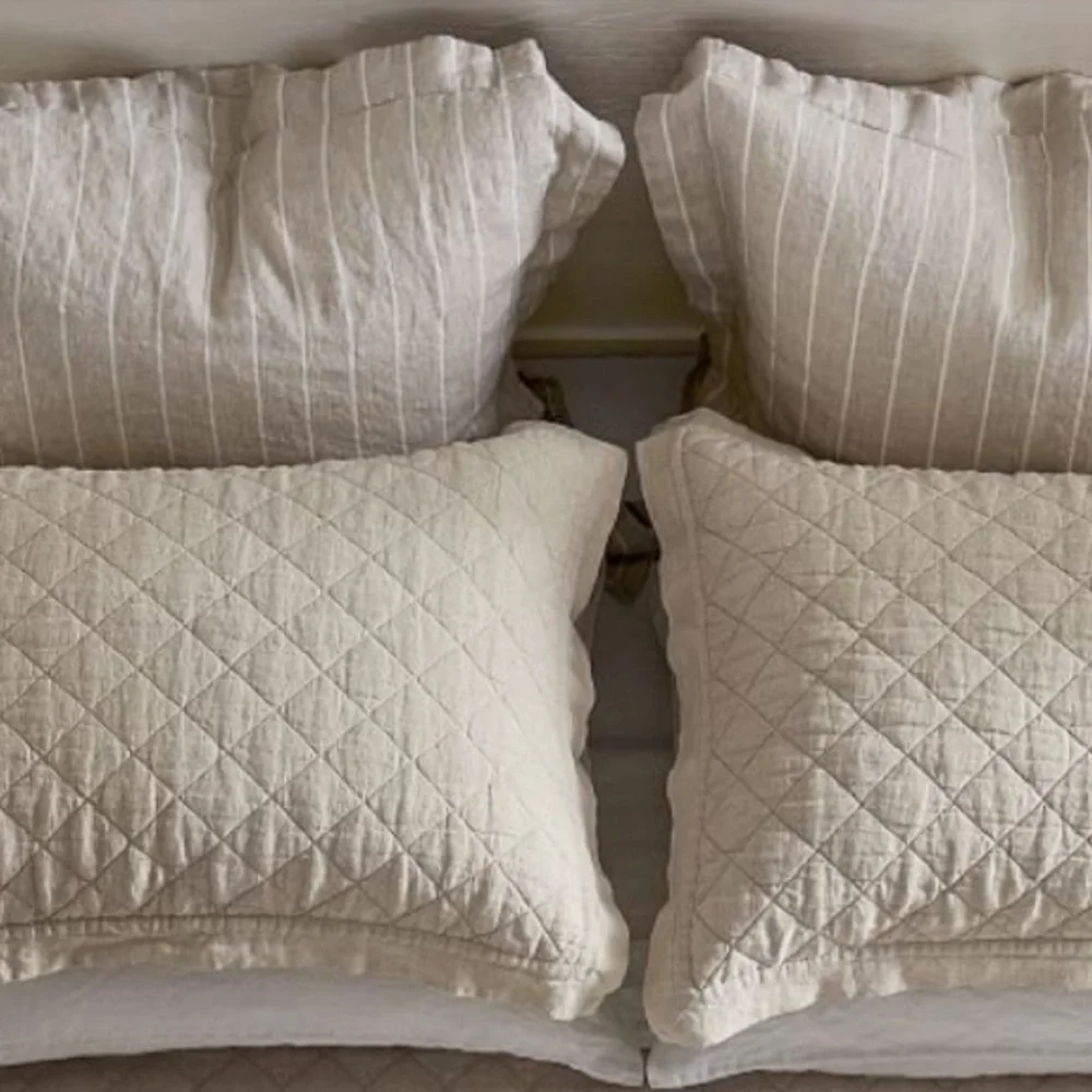 Pottery Barn Belgian Flax Linen Beige and White Striped Standard Pillow Sham Set